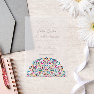 Magenta Blue Whimsical Floral Mandala Wedding Vellum Invitations
