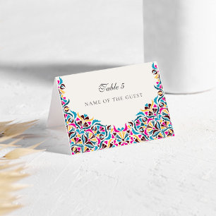 Magenta Blue Whimsical Floral Wedding Place Card