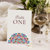 Magenta Blue Whimsical Floral Wedding Table Number