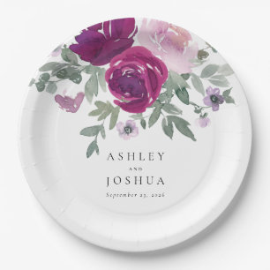 Magenta Blush Floral Bouquet White Wedding Paper Plate