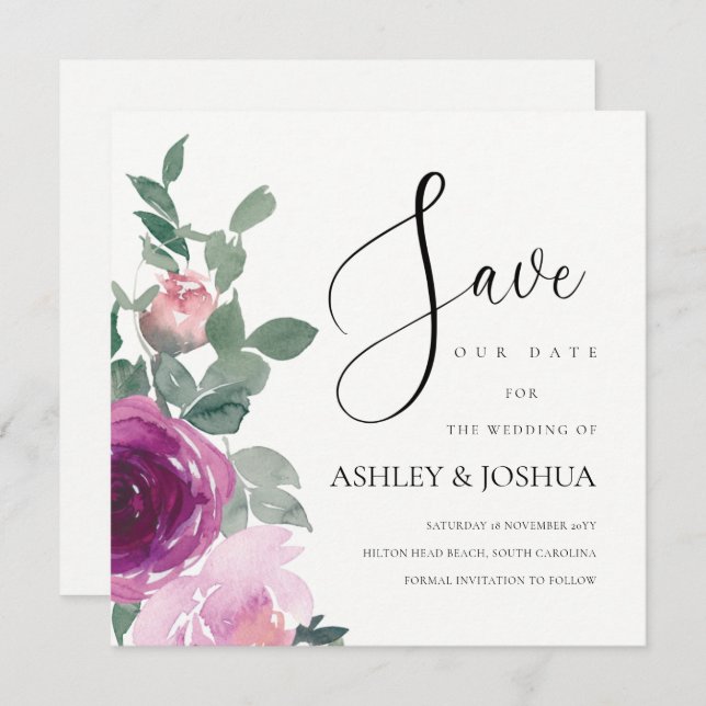 Magenta Blush Pink Floral Over Ivory Save The Date Invitation (Front/Back)