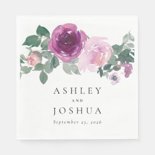 Magenta Blush Pink Watercolor Floral White Wedding Napkin