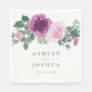 Magenta Blush Watercolor Floral Ivory Wedding Napkin