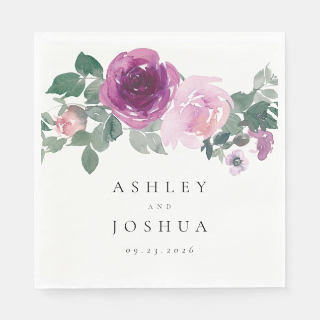 Magenta Blush Watercolor Floral Ivory Wedding Napkin (Front)