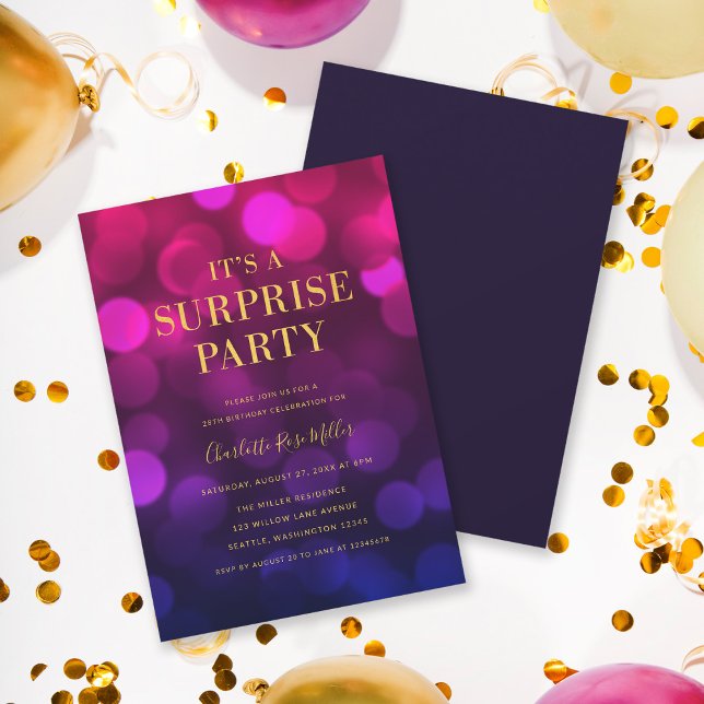Magenta Bokeh Gold It's a Surprise Party Birthday Invitation (Creator Uploaded)