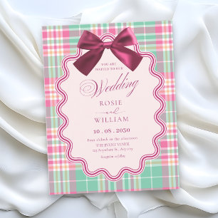 Magenta bow and a pink plaid wedding invitation