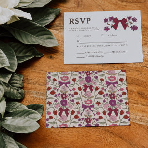 Magenta Bow Floral Wedding RSVP Meal Choice  Card