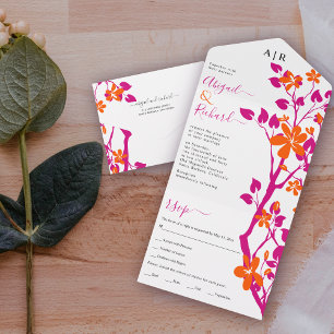 Magenta branch and orange flowers initials wedding all in one invitation
