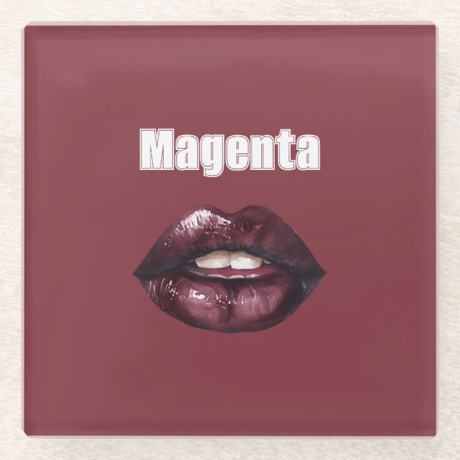 Magenta Burgundy Red Lips Glass Coaster (Front)