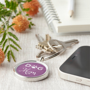 Magenta Burlap Dog Mom Metal Keychain