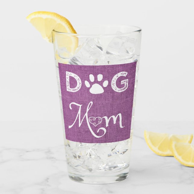Magenta Burlap Dog Mum Glass Cup (Front Ice)