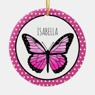 Magenta Butterfly Polka Dot Personalised  Ceramic Tree Decoration