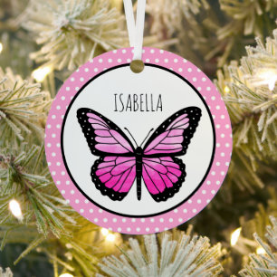 Magenta Butterfly Polka Dot Personalised  Metal Tree Decoration
