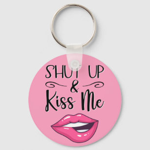 Magenta cartoon lips Shut up and kiss me pink Key Ring