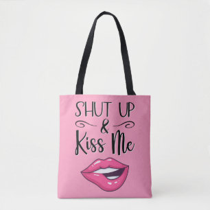 Magenta cartoon lips Shut up & kiss me pink Tote Bag
