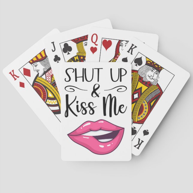 Magenta cartoon lips Shut up & kiss me white Playing Cards (Back)
