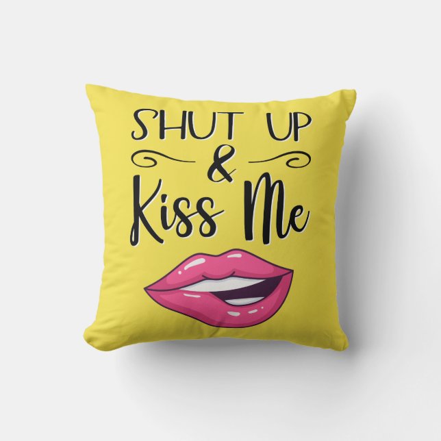 Magenta cartoon lips Shut up & kiss me yellow Cushion (Front)