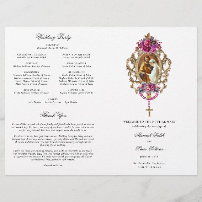 Magenta Catholic Wedding Mass Ceremony Program (Front)