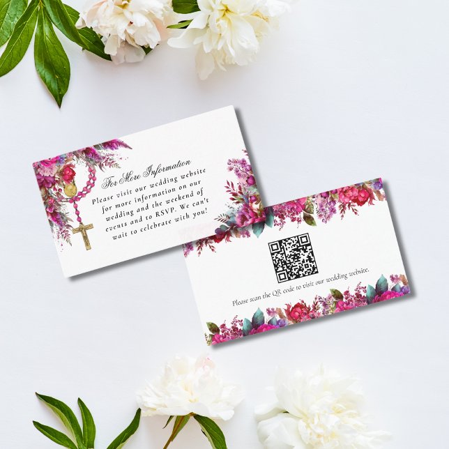 Magenta Catholic Wedding Website QR Enclosure Card (Magenta pink floral Catholic wedding enclosure card with QR code and wedding website info)
