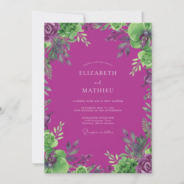 Magenta Chartreuse Foliage Eucalyptus Wedding Invitation (Front)