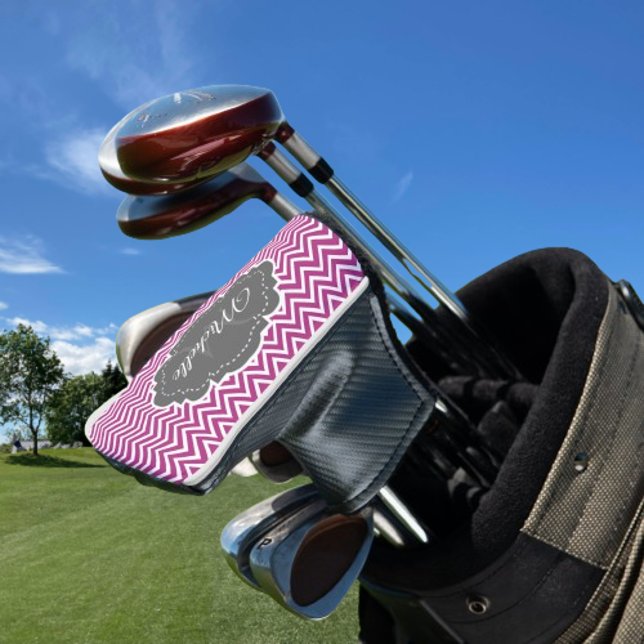 Magenta Chevron Personalised Golf Head Cover (Magenta Chevron Personalized Golf Head Cover)