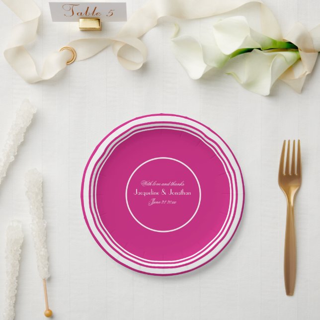 Magenta Chic Script Names Wedding Cake       Paper Plate (Wedding)