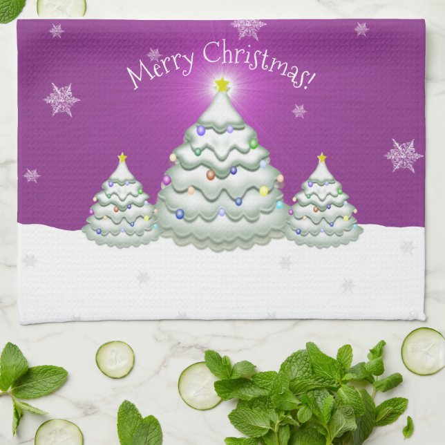 Magenta Christmas Tree Kitchen Towel (Folded)