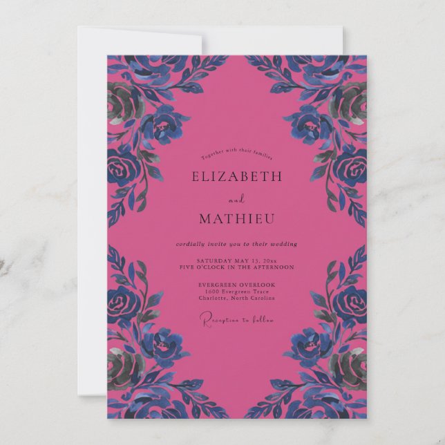 Magenta Cobalt Bloom Wedding Invitation (Front)