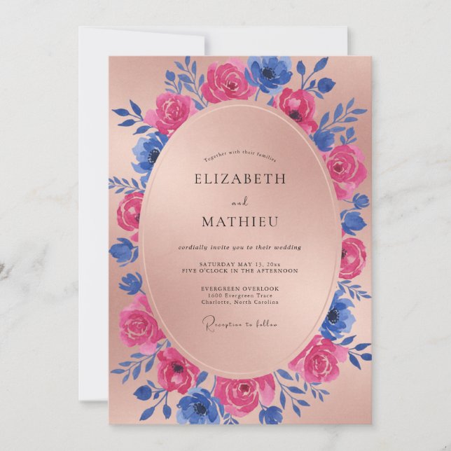 Magenta Cobalt Blossom Wedding Invitation (Front)