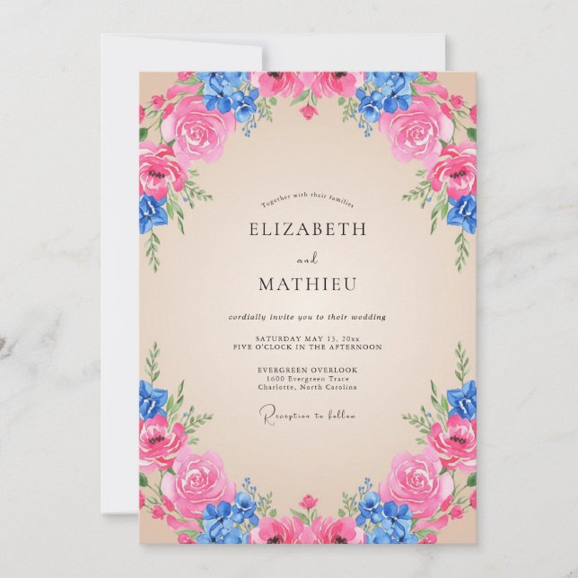 Magenta Cobalt Ranunculus Eucalyptus Wedding Invitation (Front)