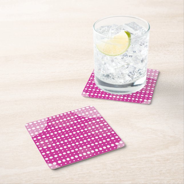 Magenta Coloured Abstract Polka Dots (Dark) g9 Square Paper Coaster (Insitu)