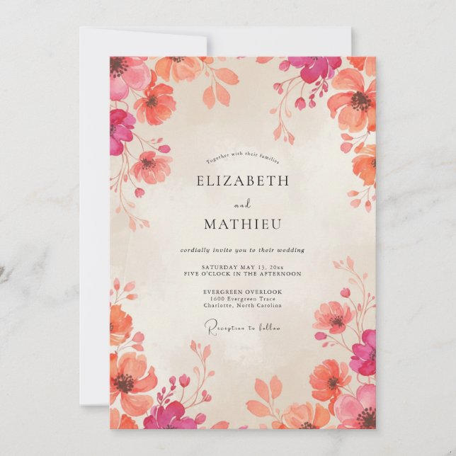 Magenta Coral Wildflower Wedding Invitation (Front)