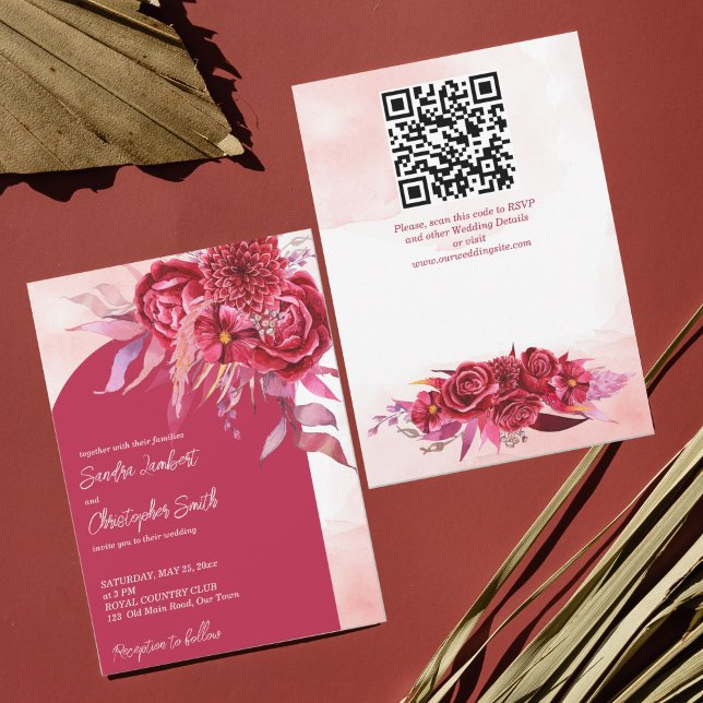 Magenta crimson burgundy flowers arch wedding invitation (Creator Uploaded)
