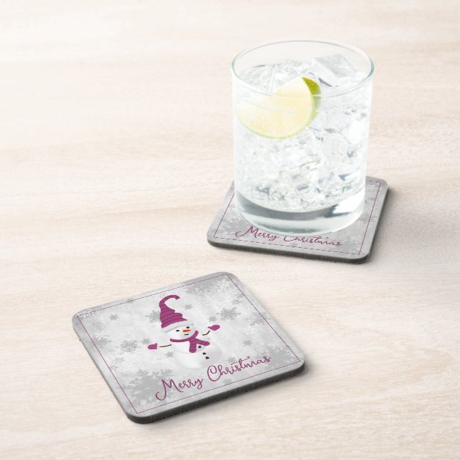Magenta Cute Snowman Beverage Coaster (Right Side)