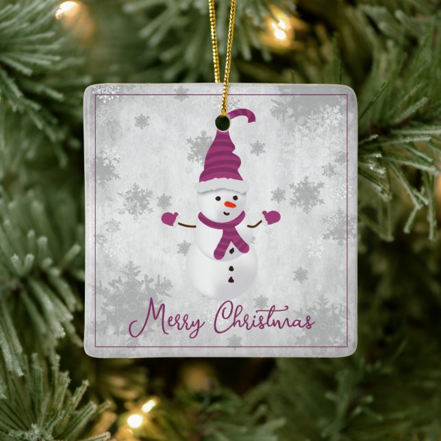 Magenta Cute Snowman Holiday Ornament (Tree)