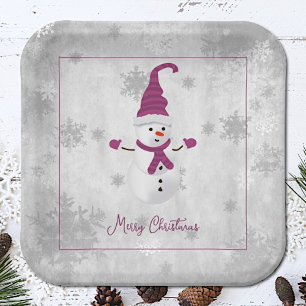 Magenta Cute Snowman Paper Plate