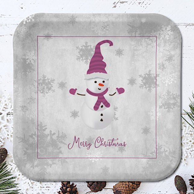 Magenta Cute Snowman Paper Plate (Magenta Cute Snowman Christmas Paper Plates)