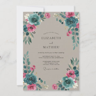 Magenta Cyan Ranunculus Eucalyptus Wedding Invitation