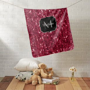 Magenta dark pink red sparkle glitter Monogram Baby Blanket