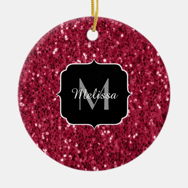 Magenta dark pink red sparkle glitter Monogram Ceramic Tree Decoration (Front)