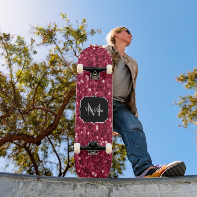 Magenta dark pink red sparkle glitter Monogram Skateboard (Outdoor 1)