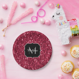 Magenta dark pink red sparkles glitter Monogram Paper Plate