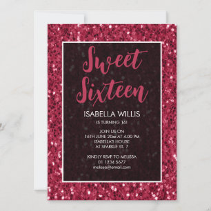 Magenta dark pink sparkles Sweet 16 elegant script Invitation