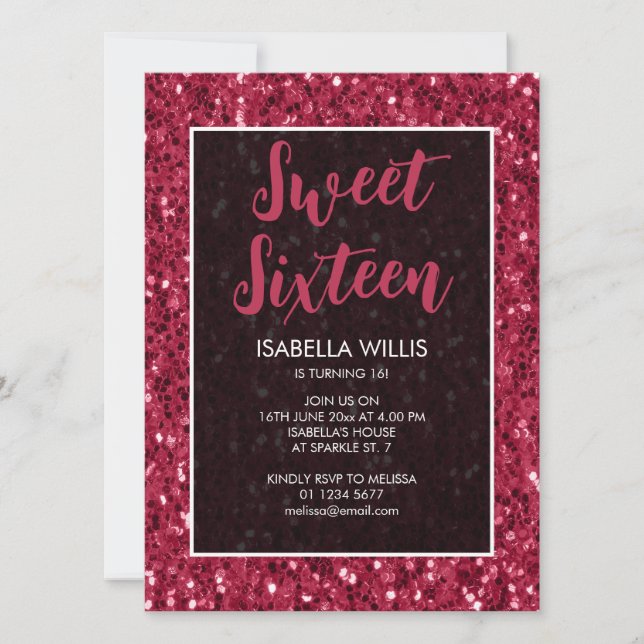 Magenta dark pink sparkles Sweet 16 elegant script Invitation (Front)