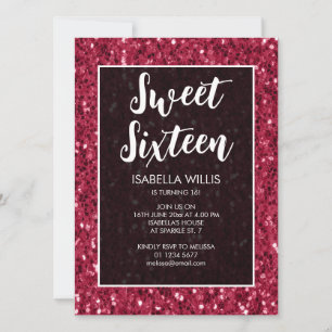 Magenta dark pink sparkles Sweet 16 elegant script Invitation
