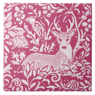 Magenta Deer Hedgehog Bird Nature Woodland Floral Tile