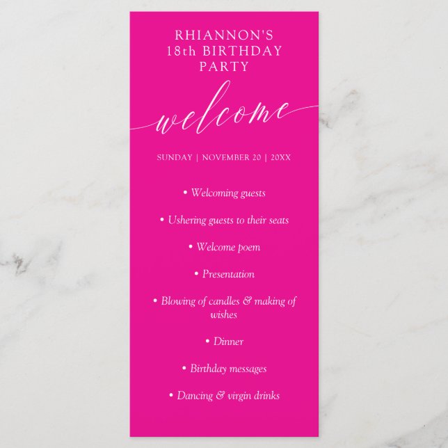 Magenta Delicate Calligraphy Birthday Party Programme (Front)