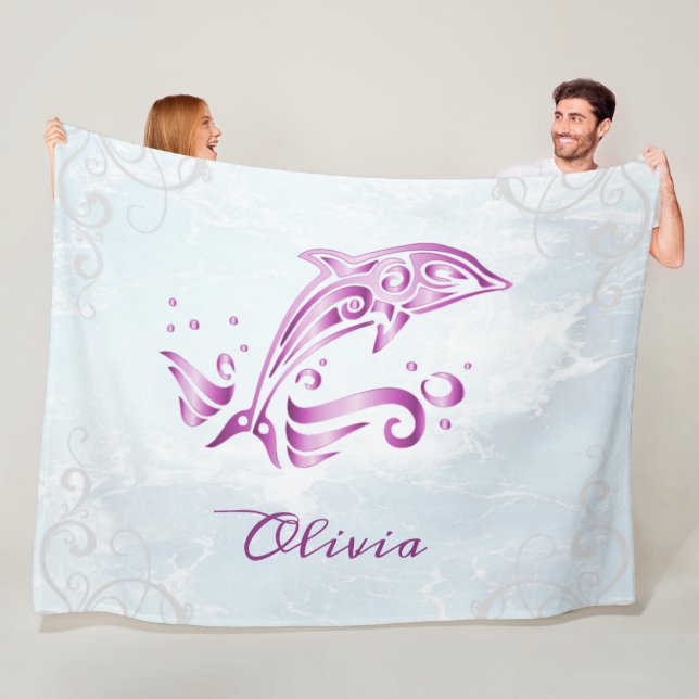 Magenta Dolphin Personalised Fleece Blanket (In Situ)
