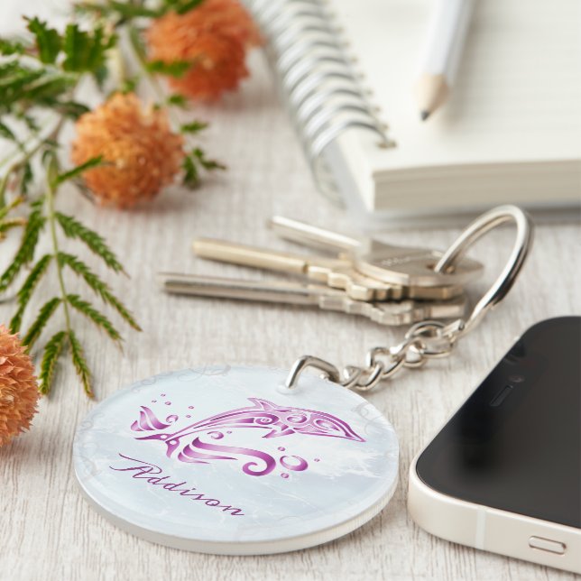 Magenta Dolphin Personalised Keychain (Front Right)