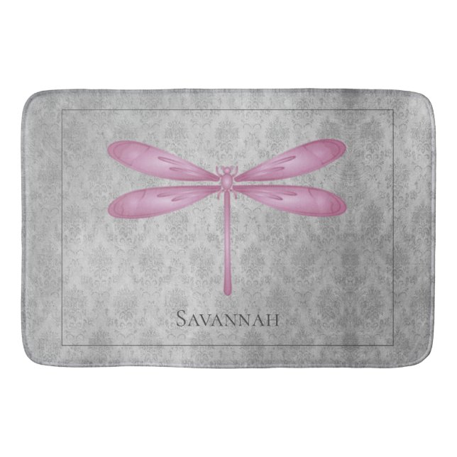 Magenta Dragonfly Damask Bath Mat (Front)
